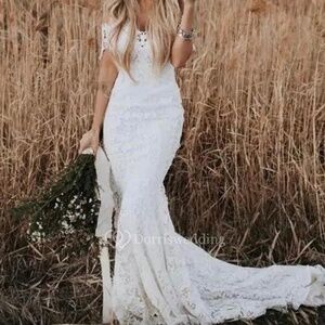 Bohemian Country Style Lace Off-the-shoulder Short Sleeve Boho Wedding Dress